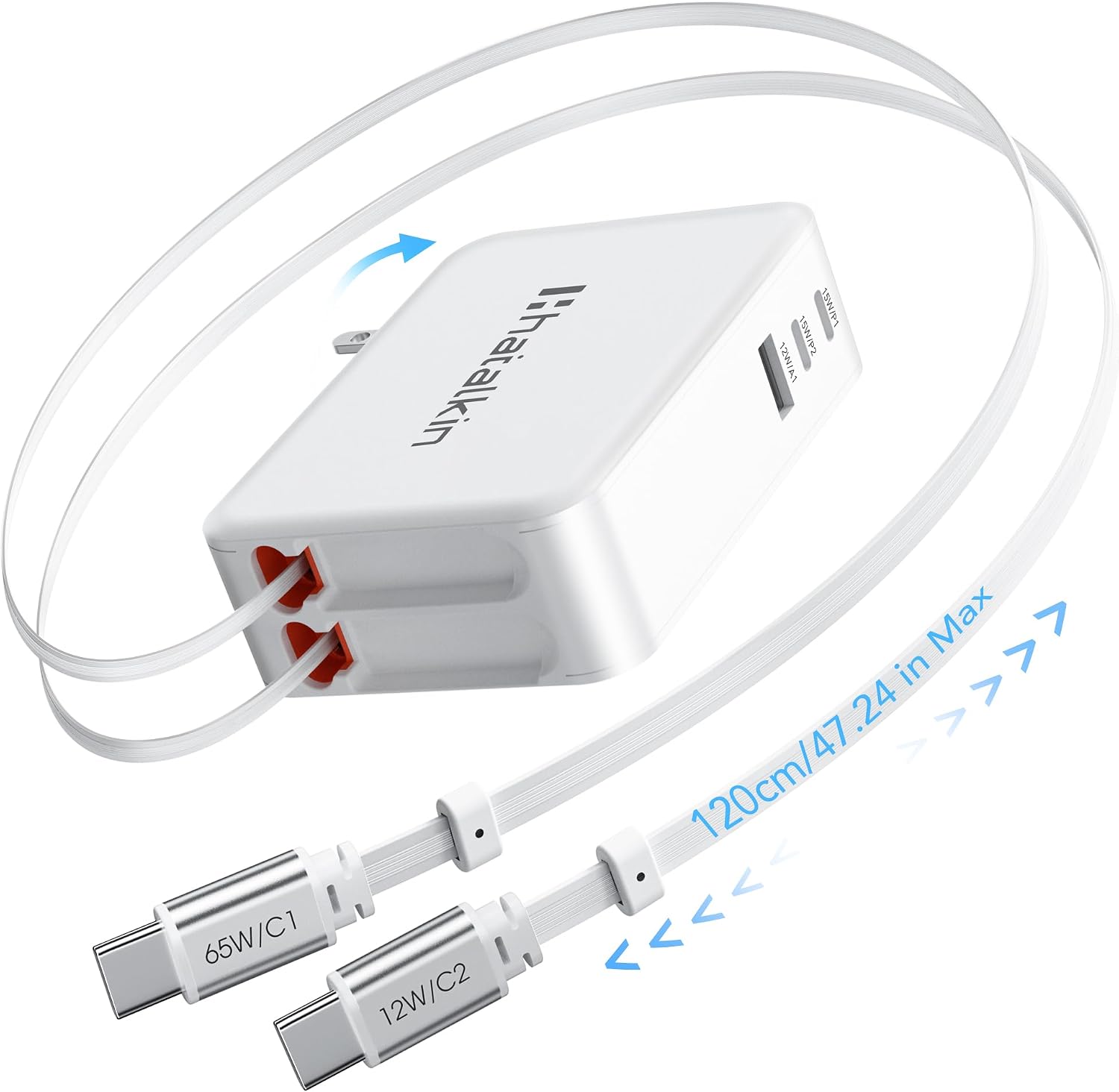 65W 5-in-1 Retractable Wall Charger for MacBook Pro and iPhone