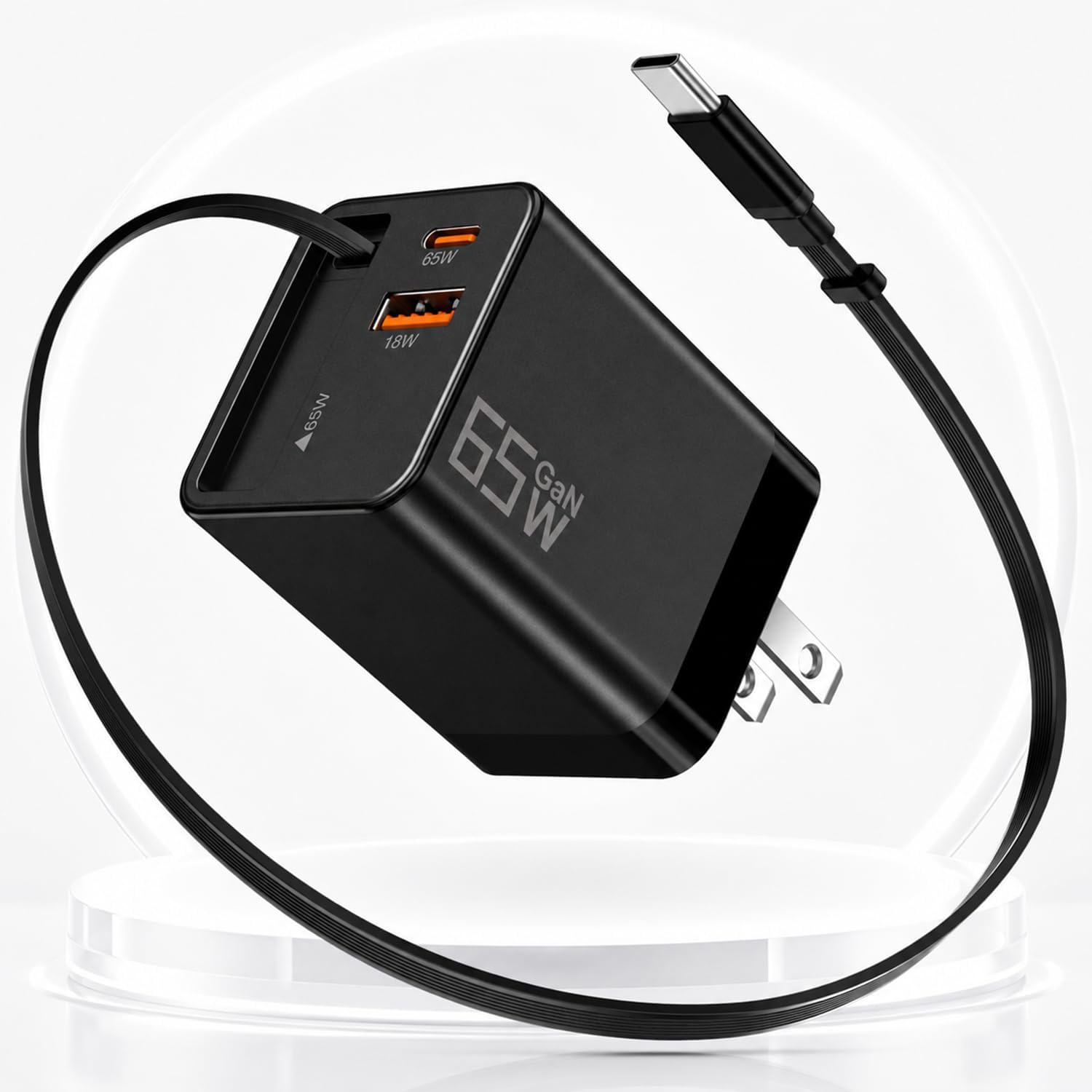 65W GaN USB-C Charger with Retractable Cable and 3 Ports